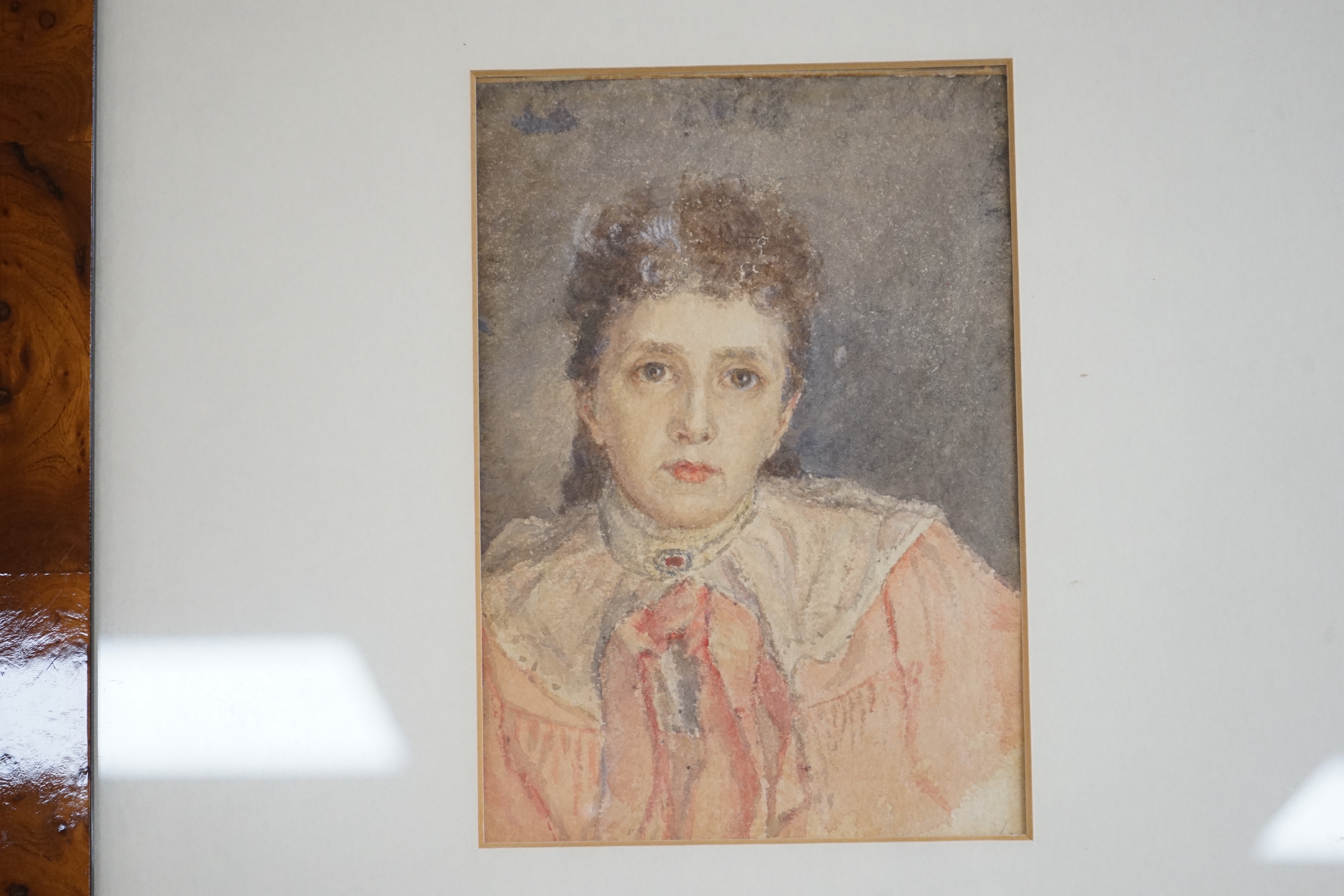 Edwardian School, watercolour, Head and shoulders portrait of a lady, 17 x 12cm